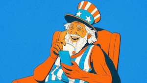 Illustration of Uncle Sam sitting on a chair looking at a cell phone and holding a cup of steaming tea