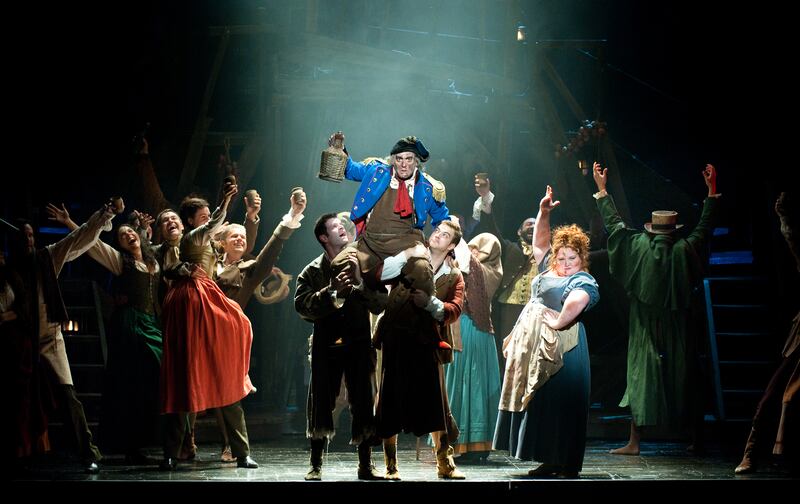 WASHINGTON, DC - SEPTEMBER 29:    Cameron Mackintosh's new 25th anniversary production of Les Miserables at The Kennedy Center features scenery inspired by the paintings of Victor Hugo.  Thenardier, played by Richard Vida, center, and the rest of the company sing Master of the House.  (Photo by Sarah L. Voisin/The Washington Post via Getty Images)